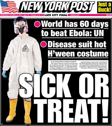 De voorpagina van New York Post met een halloweenkostuum in ebolasfeer.