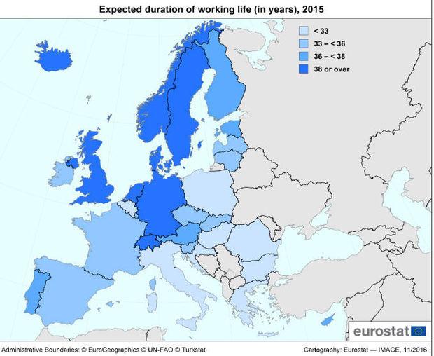 aantal actieve beroepsjaren in Europa