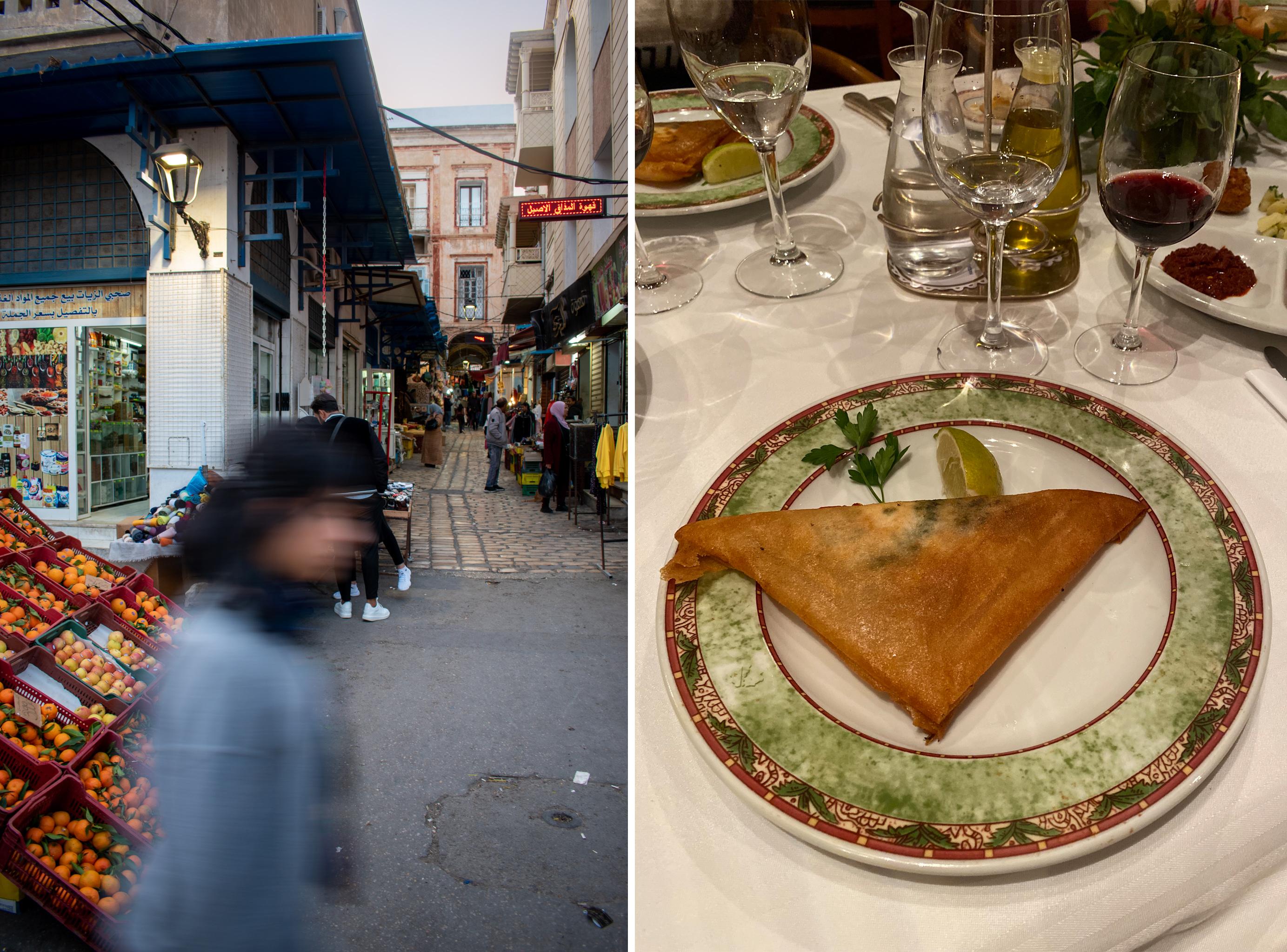 Links: een wandeling door de bruisende soeks moét op je to do. Rechts: dit gefrituurde ei - ook wel: Brik - is een typisch Tunesisch gerecht - © Lise Milbou.