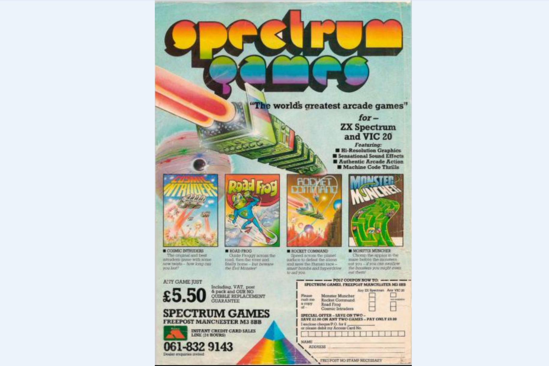 Eerste advertentie van Ocean Software, dat tijdens zijn eerste maanden nog Spectrum Games heette. De games die door niemand werden aangekruist in het uitknipbare bestelformulier, werden ook gewoon niet gemaakt.