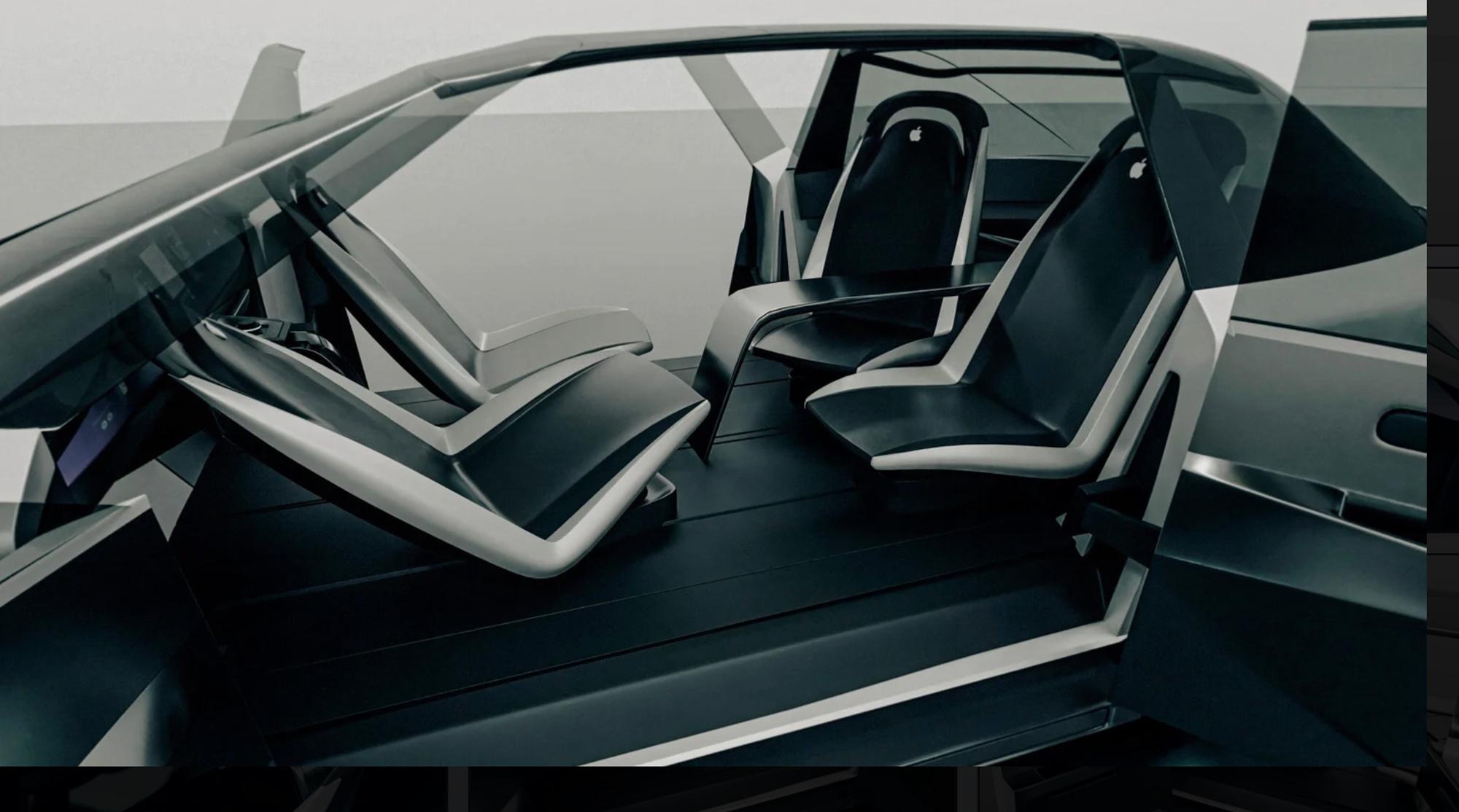 Het interieur van de 'Apple Car' met roterende stoelen.