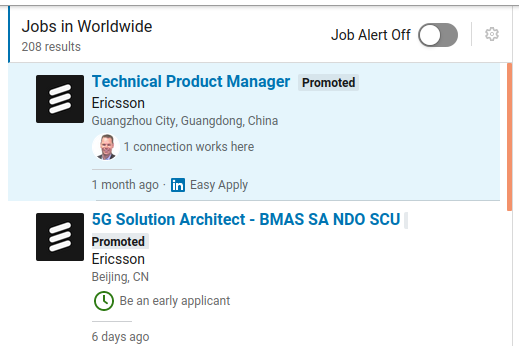 Een LinkedIn-zoekopdracht naar jobs bij Ericsson in China