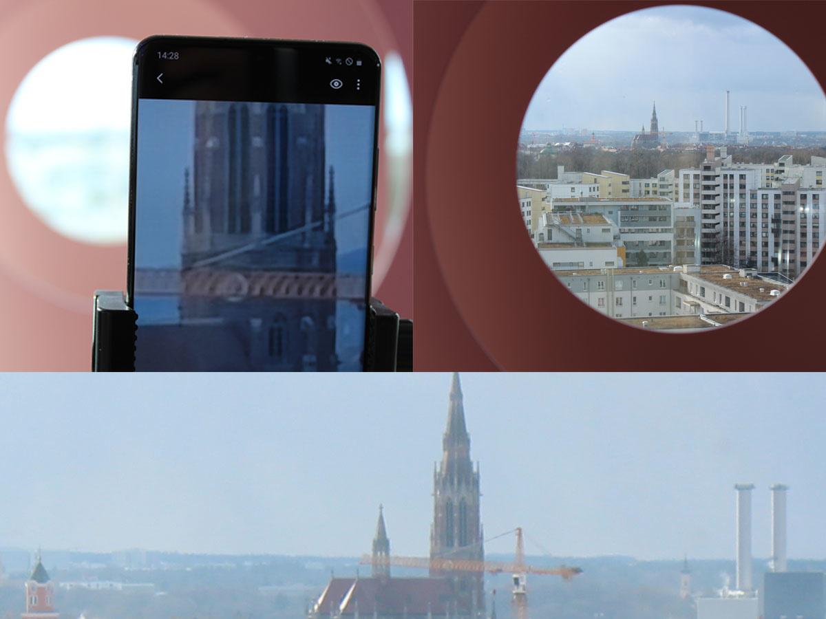 Links: een foto van het scherm van de S20 Ultra na 100x zoom (optisch + digitaal). Rechts: normale foto van een Canon EOS D1300D zonder zoom. Onder: een foto ter vergelijking met de Canon EOS D1300D (18 megapixel) ingezoomd en uitvergroot naar volledige resolutie. De kerk bevindt zich op ongeveer drie kilometer afstand.