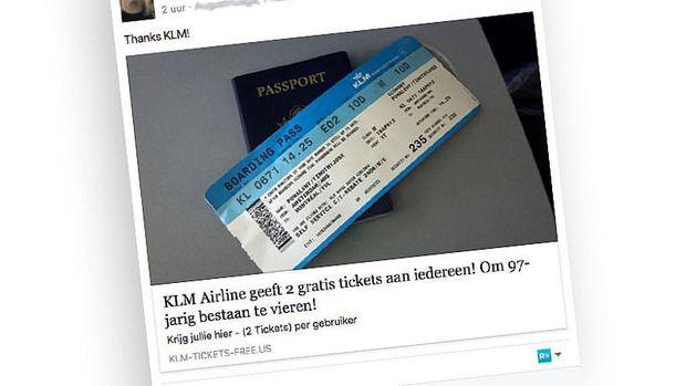 Zo ziet de oplichtingsactie er uit. KLM heeft echter niets te maken met de campagne.