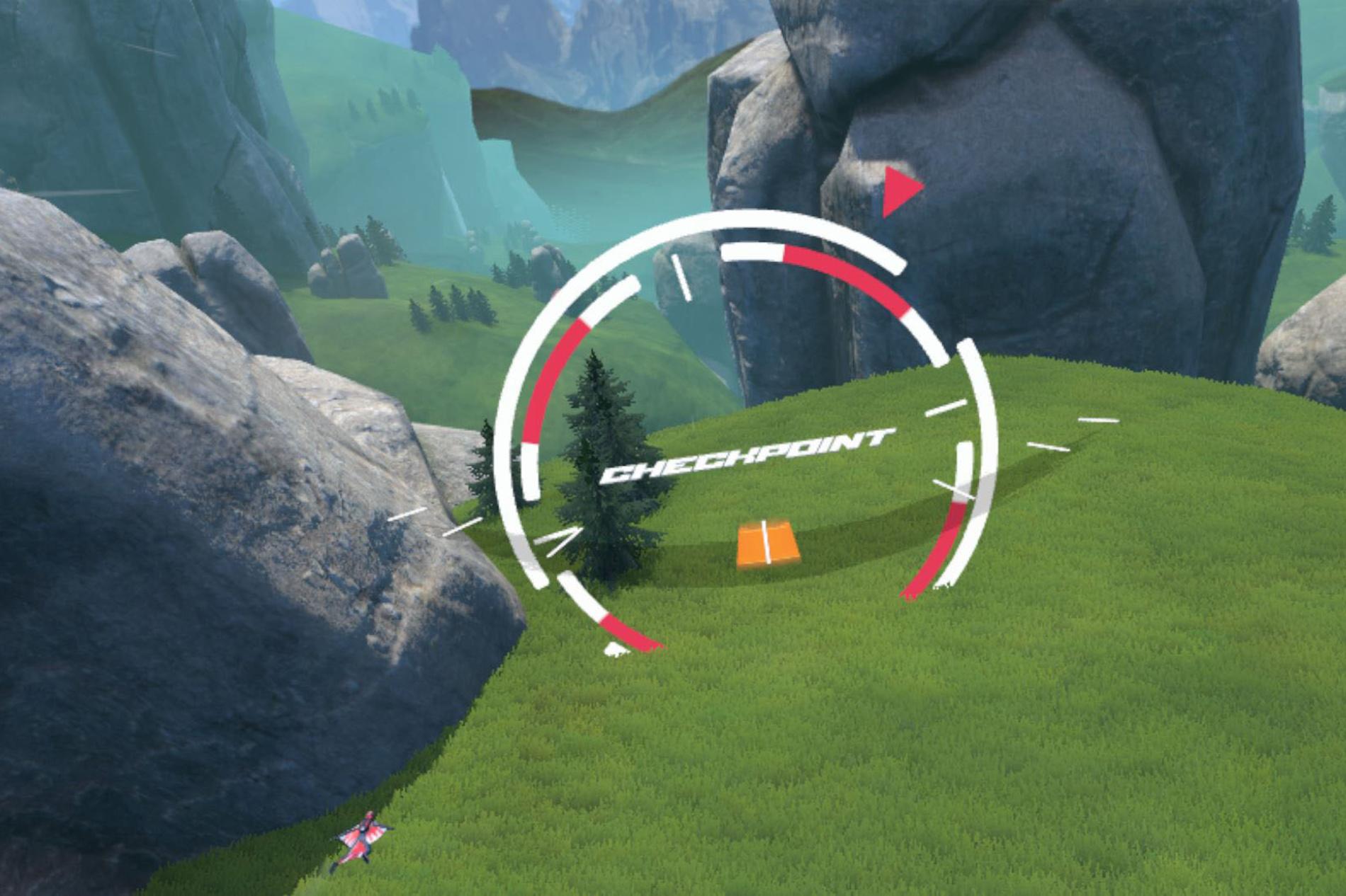 Een screenshot uit het spel Rush VR waar je al skydivend langs obstakels scheert.