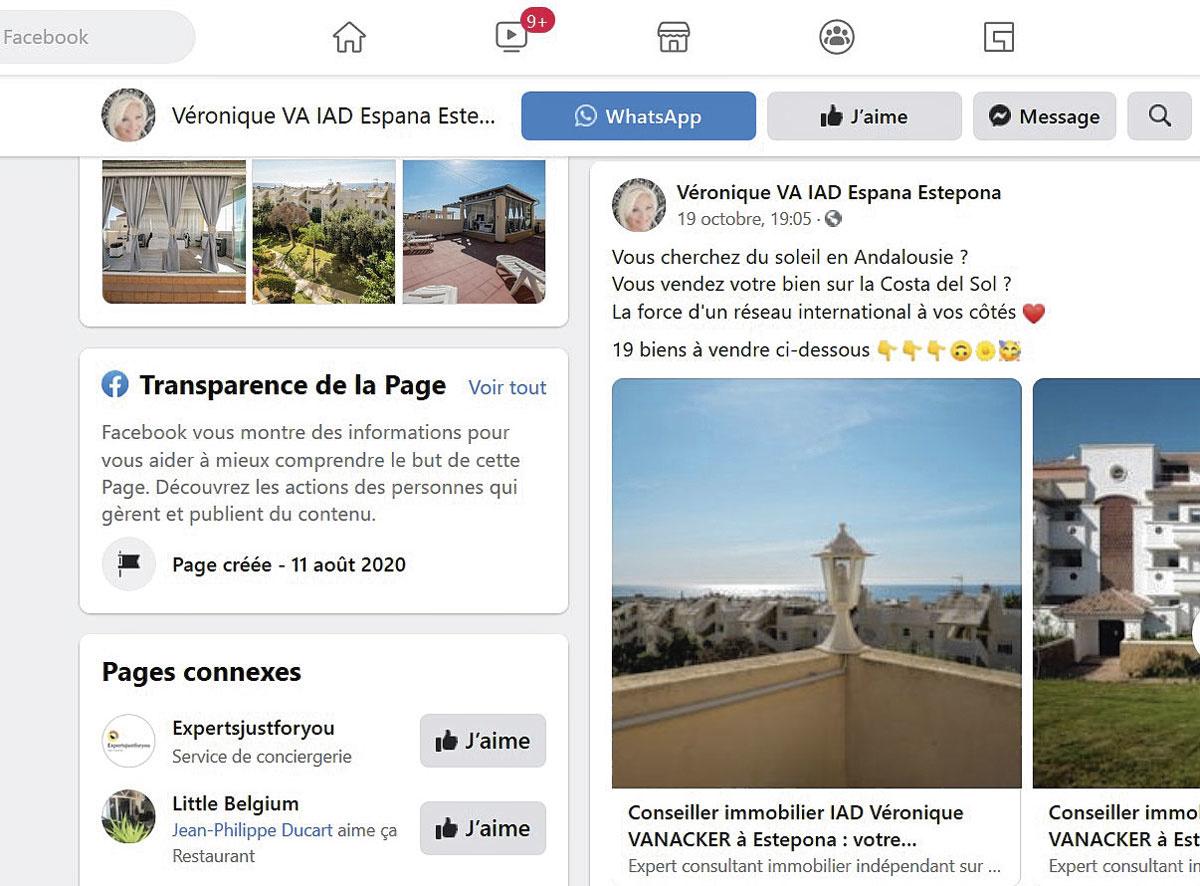 Véronique Van Acker s'est créé un nouveau profil sur Facebook, où ses activités commerciales en Espagne ne laissent plus planer de doute.