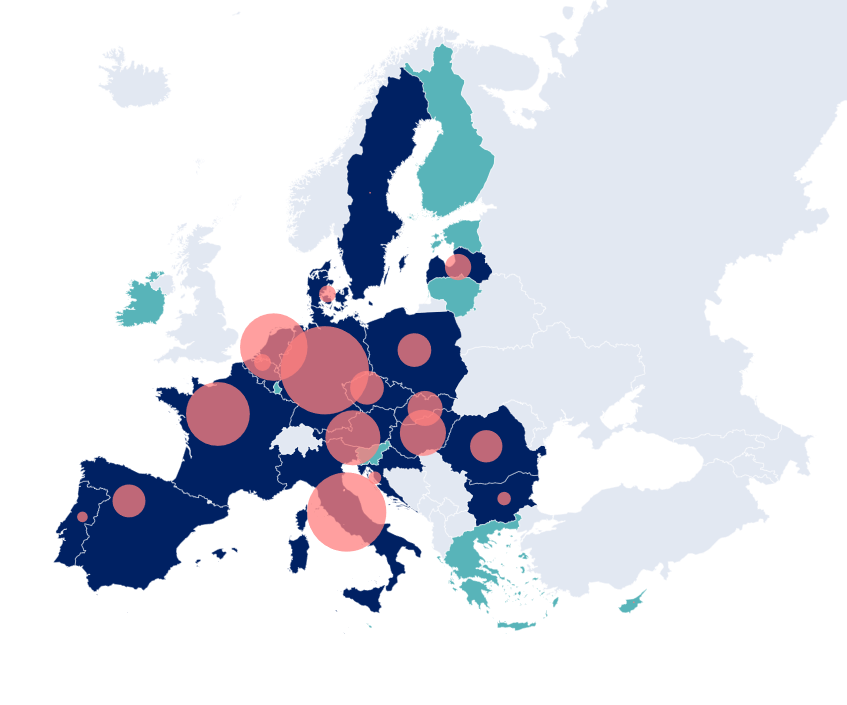 Capacité de stockage de gaz des États membres de l'UE. En vert les Etats membres en incapacité de stocker (soit Chypre, l'Estonie, la Finlande, la Grèce, l'Irlande, la Lituanie, le Luxembourg, Malte et la Slovénie), en bleu ceux qui sont en capacité.