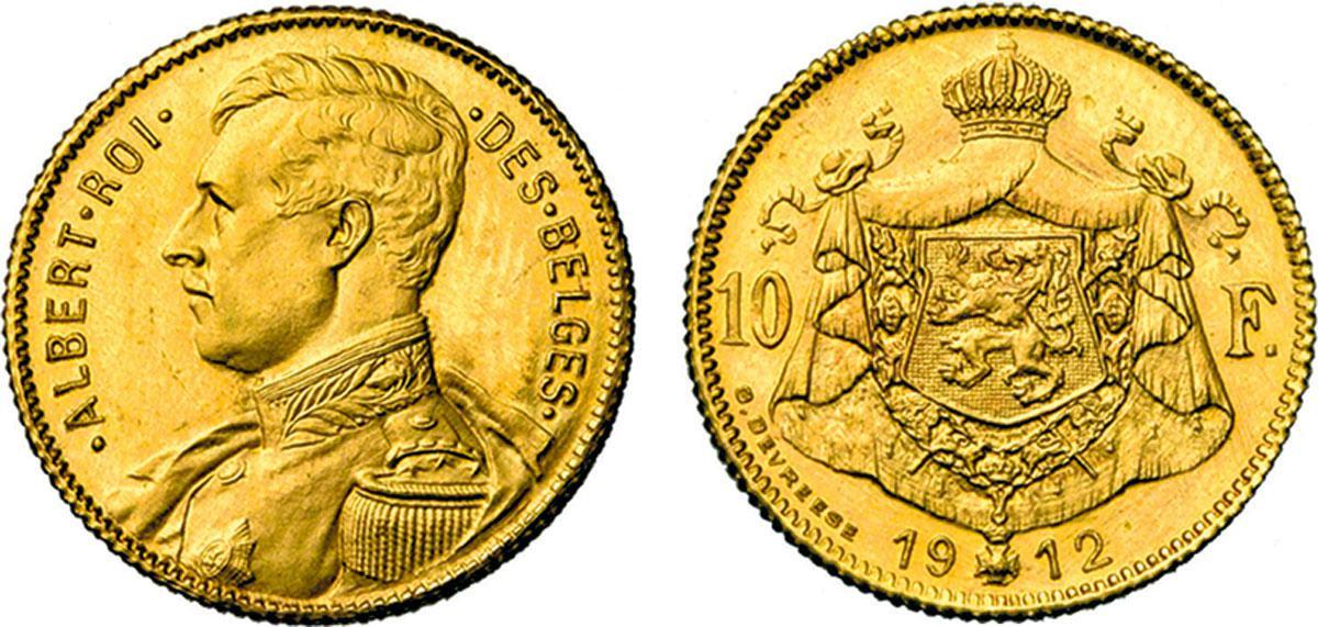 10 BELGISCHE FRANK Deze munt uit 1912 kwam nooit in omloop. Ze werd geveild voor 6500 euro.