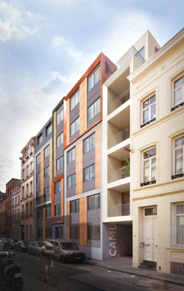  (94 logements) développé par BPI dans le quartier Dansaert et dessiné par le bureau d'architecture ÁRTER* utilise pour la première fois, dans un projet d'ampleur en Belgique, le principe du bois contrecollé. Ce qui permettra de terminer le chantier en un an à l'été 2018.
