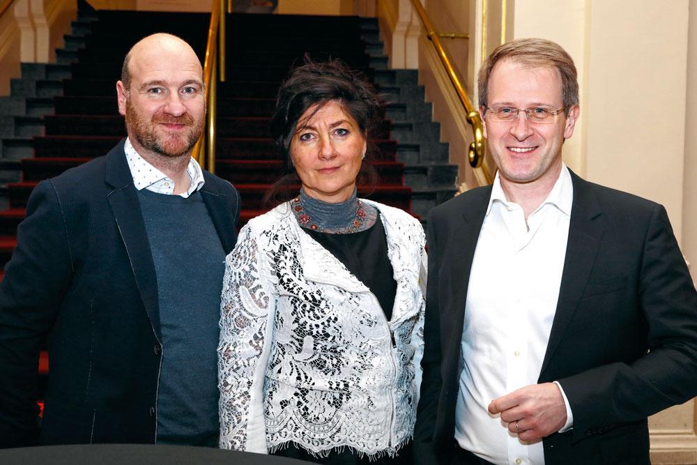 Jean-Paul Erhard, managing partner de PeopleSphere, Michèle Coopman, ancienne présidente de l'ADP Liège et managing director de H3Oz, et Philippe Bertin, CHRO de Prayon.