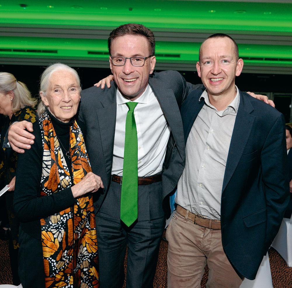 Jane Goodall, Grégoire Dallemagne, CEO d'EDF Luminus, et Damien Ernst, professeur à l'ULiège.