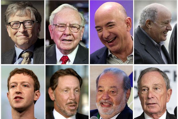 En haut, de gauche à droite : Bill Gates, Warren Buffett, Jeff Bezos, Amancio Ortega. En bas, de gauche à droite: Mark Zuckerberg, Larry Ellison, Carlos Slim et Michael Bloomberg