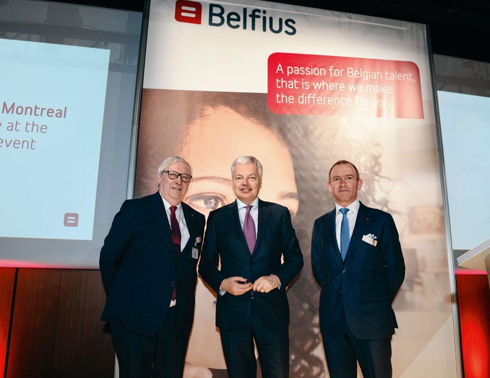 Soirée Belfius à Montréal. Didier Reynders entouré de Jos Clijsters et Dirk Gyselinck, respectivement président du CA et membre du comité de gestion de Belfius.