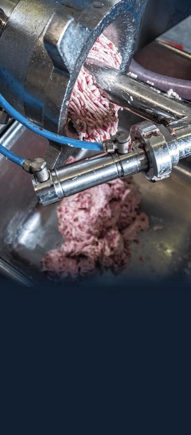 2. Le hachoir: Première opération : la viande est transformée en un hachis grossier. Elle provient de porcs élevés de façon durable dans une ferme de Munkzwalm. Pour les boudins blancs, on utilise un mélange de morceaux de collier et d'épaule. 