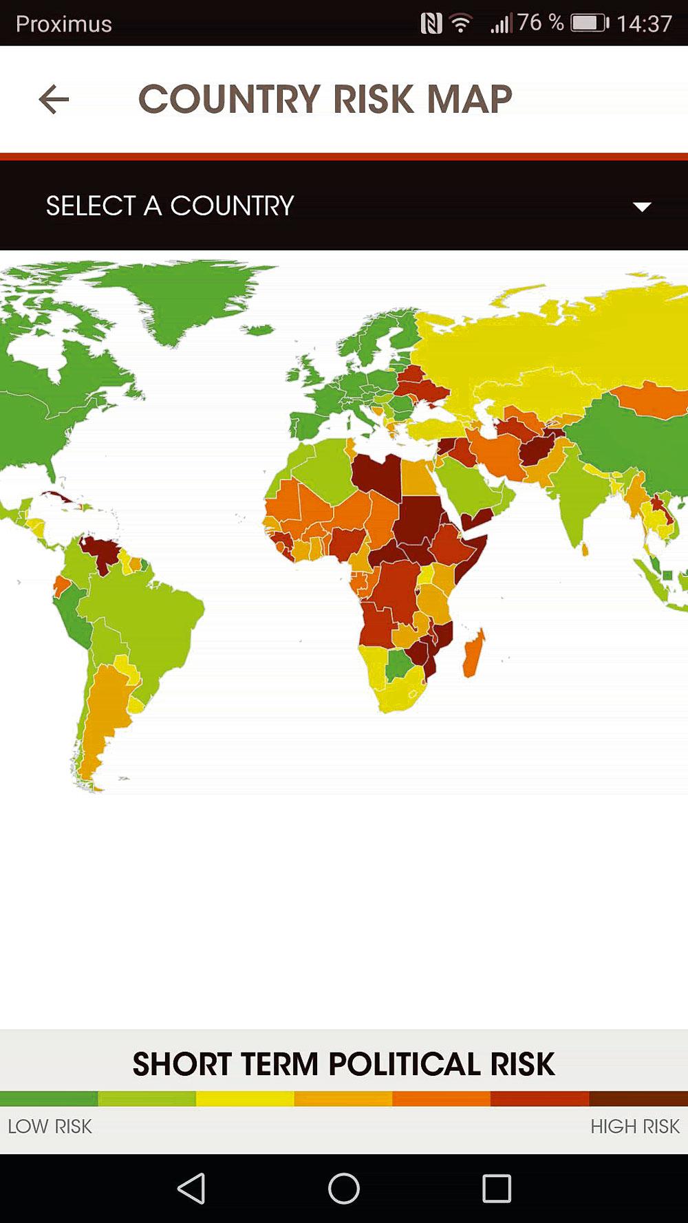 L'application s'ouvre sur une carte du monde, colorée en fonction du profil de risques de chaque pays.