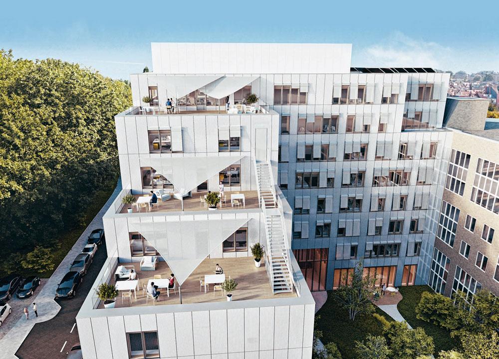 HD54. La transformation de cet immeuble de bureaux (9.300 m2) en ensemble résidentiel est menée par le bureau architectesassoc. Située à l'entrée d'Auderghem, on y retrouvera fin 2018 une enveloppe faite de bois et de verre dynamisée par une succession de terrasses surplombant la forêt de Soignes.