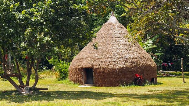 La case traditionnelle en construction végétale, toujours symbole du lien social et familial qui gère la société kanake.