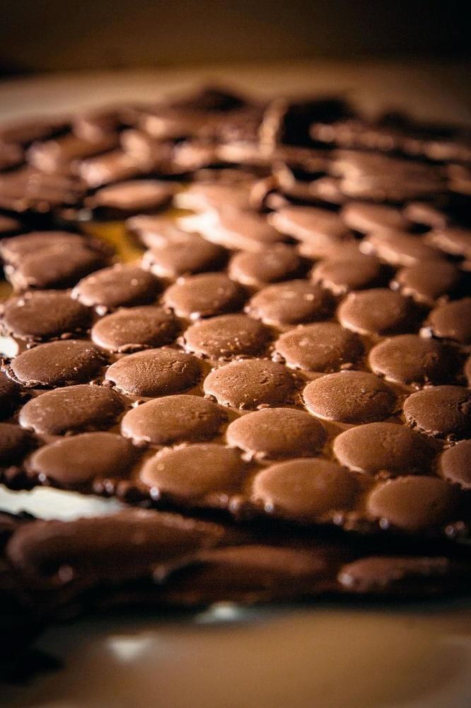 2. La rouleuse - Lorsqu'il est à bonne température, le chocolat est coulé dans les moules qui contiennent l'empreinte des futures dragées. On lui fait alors subir un choc thermique à -13 ° C afin qu'il durcisse et prenne forme. Les plaques de chocolat sont ensuite cassées en morceaux, à l'aide d'un tamis cylindrique rotatif.