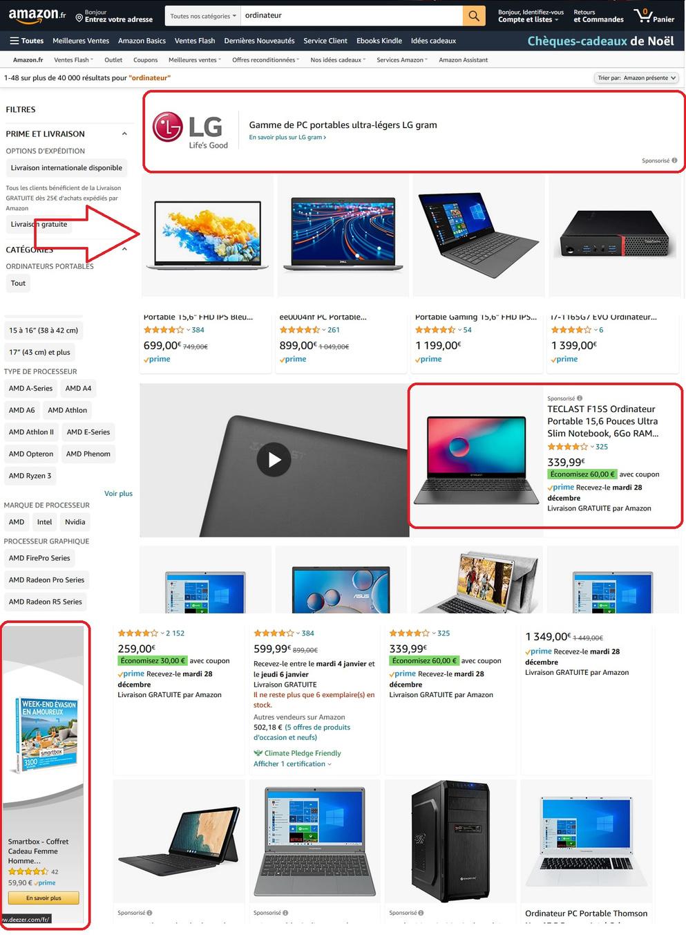 Captures d'écran du site Amazon