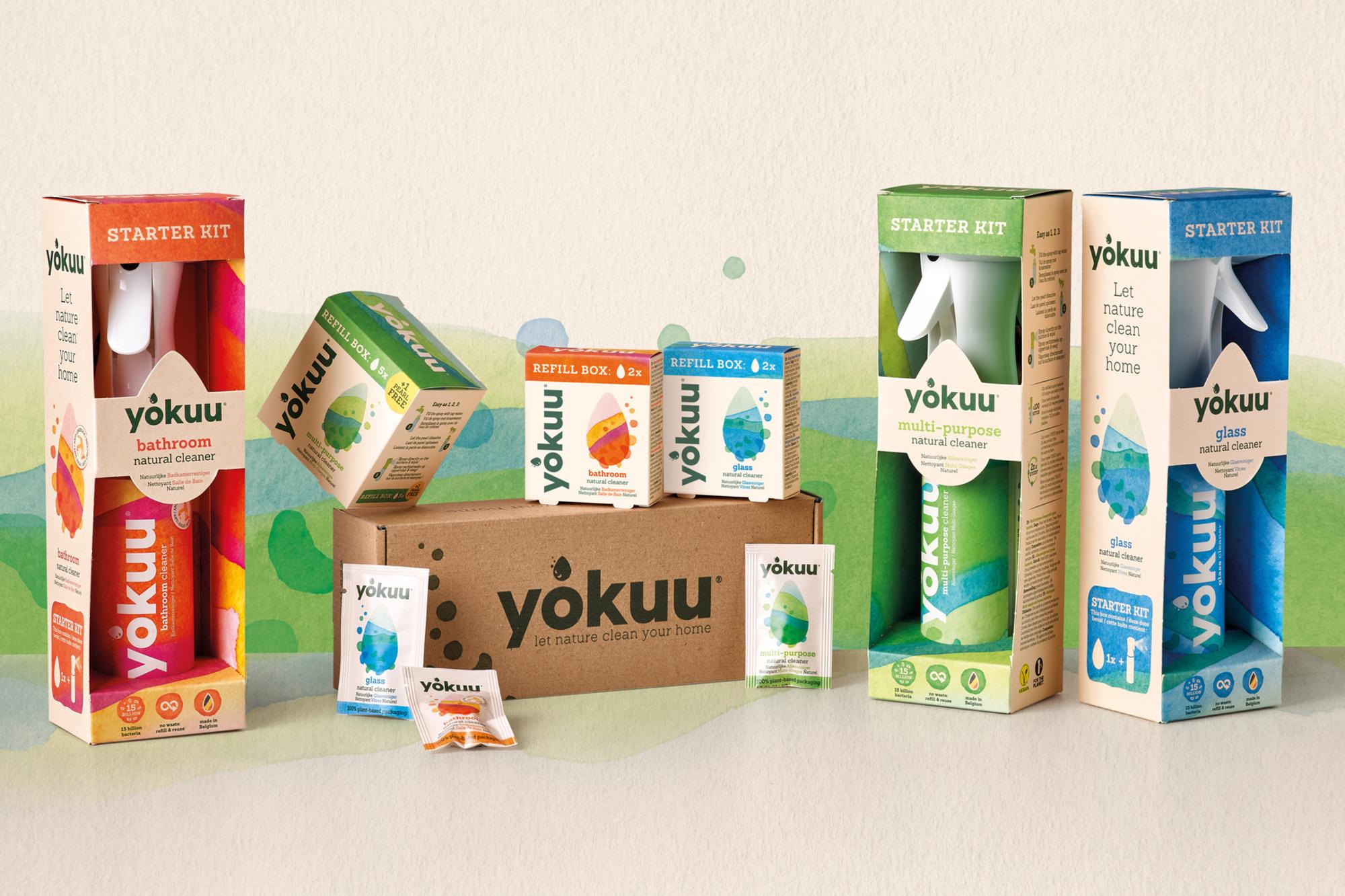 La gamme actuelle de produits Yokuu. Le prix d'un pack de démarrage, incluant un nettoyant universel, un spray pour salle de bains, un nettoyant pour sol et des tablettes pour lave-vaisselle, est de 67,95 euros.