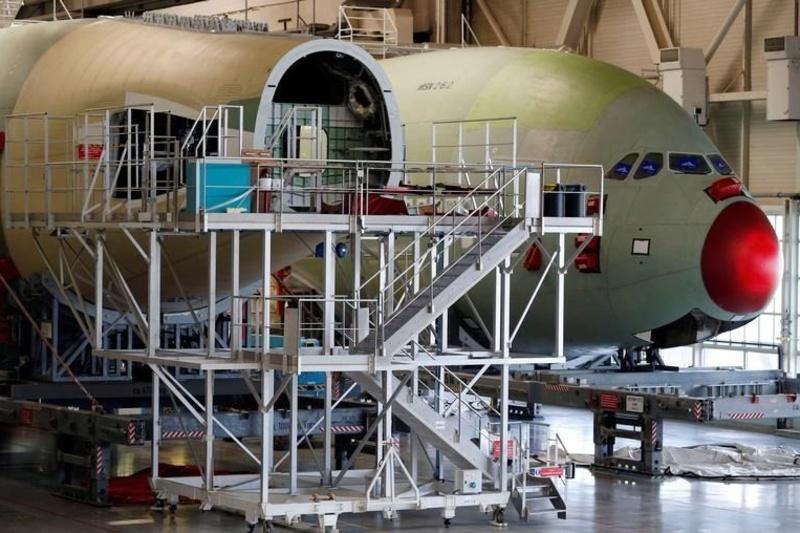 General view shows an Airbus A380 at the final assembly line at Airbus headquarters in Blagnac near Toulouse, France.