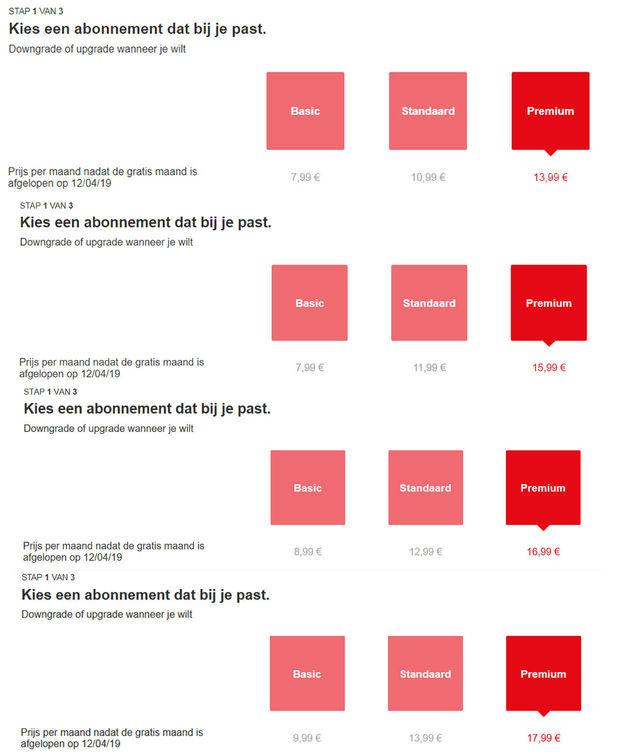 Wie een abonnement bij Netflix wil afsluiten, krijgt één van de vier bovenstaande tarieven te zien.