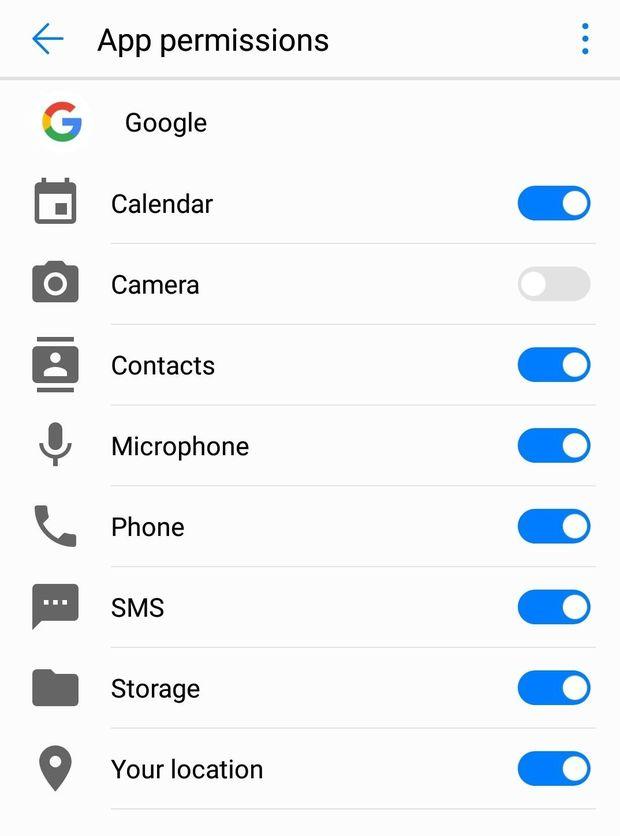Het venster van de app-toestemmingen voor Google, op een Huawei-telefoon.