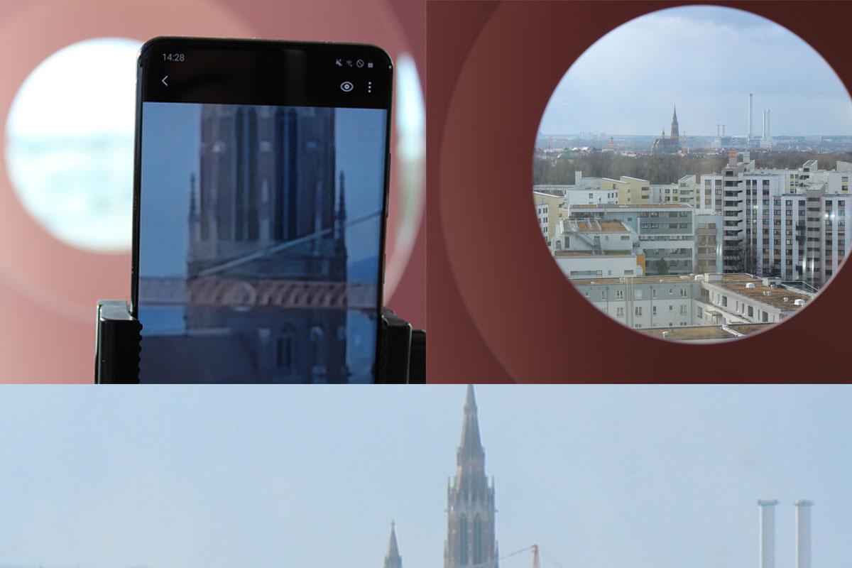 A gauche: une photo de l'écran du S20 Ultra zoomée 100X. A droite: une photo normale prise par un Canon EOS D1300D sans zoom. En bas: une photo comparative avec celle zoomée du Canon EOS D1300D et agrandie à pleine résolution. Le clocher se trouve à environ 3 kilomètres de distance de l'endroit où la photo a été prise.