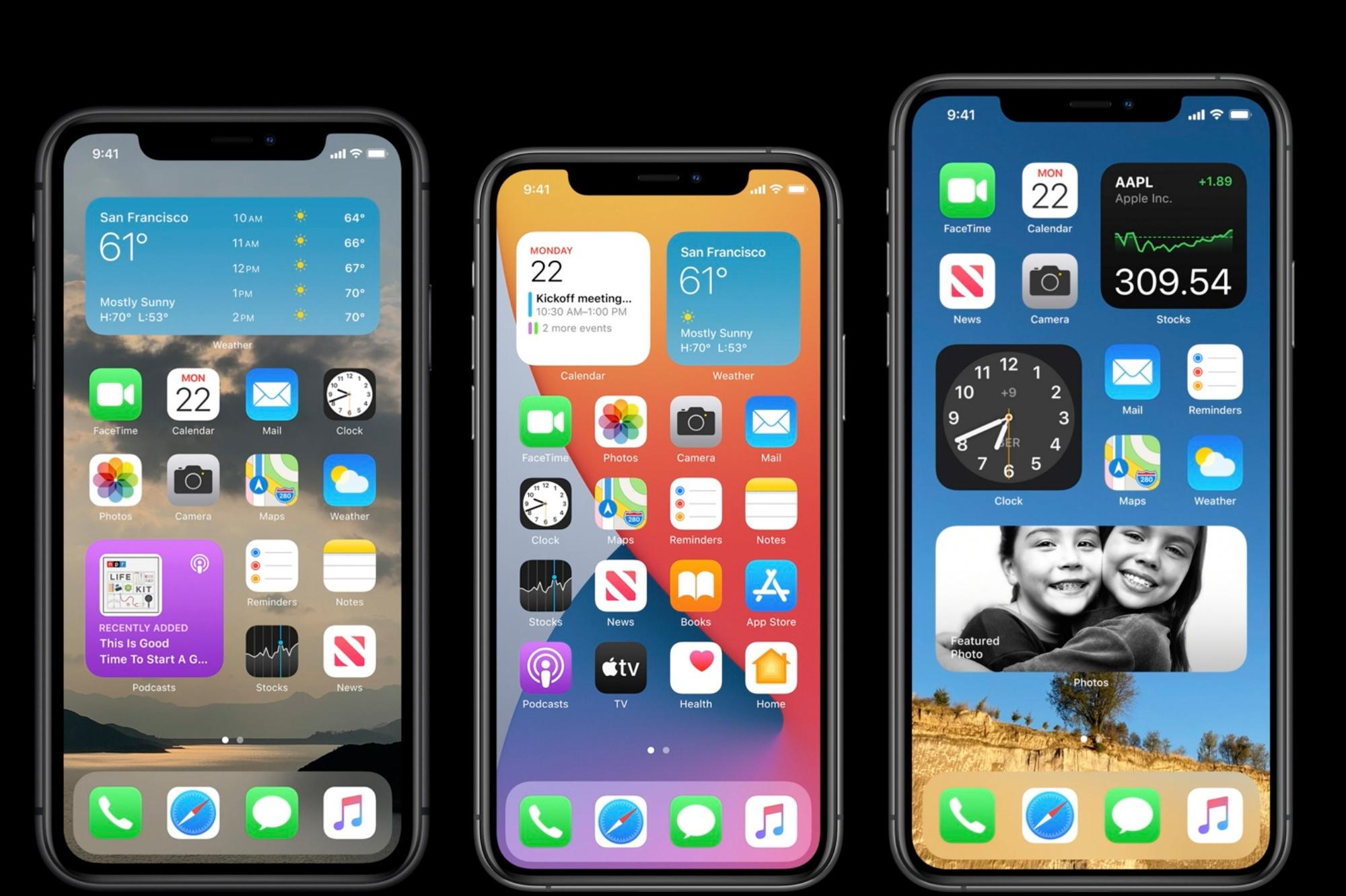 Des exemples de widgets sur plusieurs modèles d'iPhone.