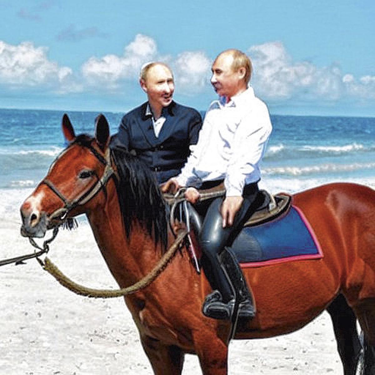 Stable Diffusion permet de générer une image réaliste de Poutine à cheval sur une plage.