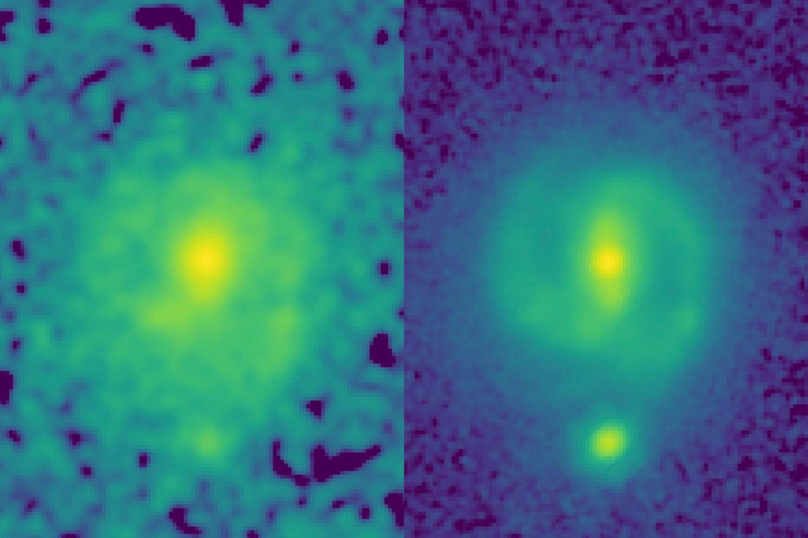 Links de foto die Hubble jaren geleden nam van een balkspiraalstelsel, rechts de James Webb-opname. Op de rechterfoto zie je duidelijk een balk in het centrum van het spiraalstelsel.