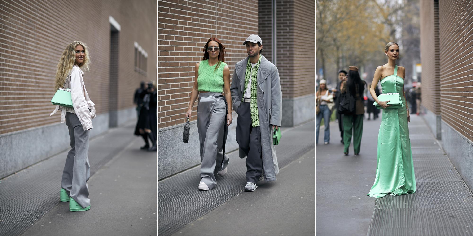 Modemeisjes in Fendi-groen op de Milano FW23 Fashion Week.