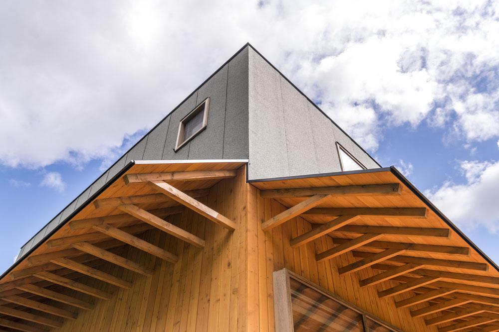 une maison cabane en bois et roofing et sa terrasse a auvent
