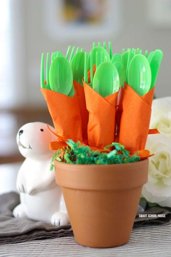 Carrot Napkin Utensils - DIY bushel of carrots for Easter utensils! Green utensils wrapped in an orange napkin to look like carrots.: 