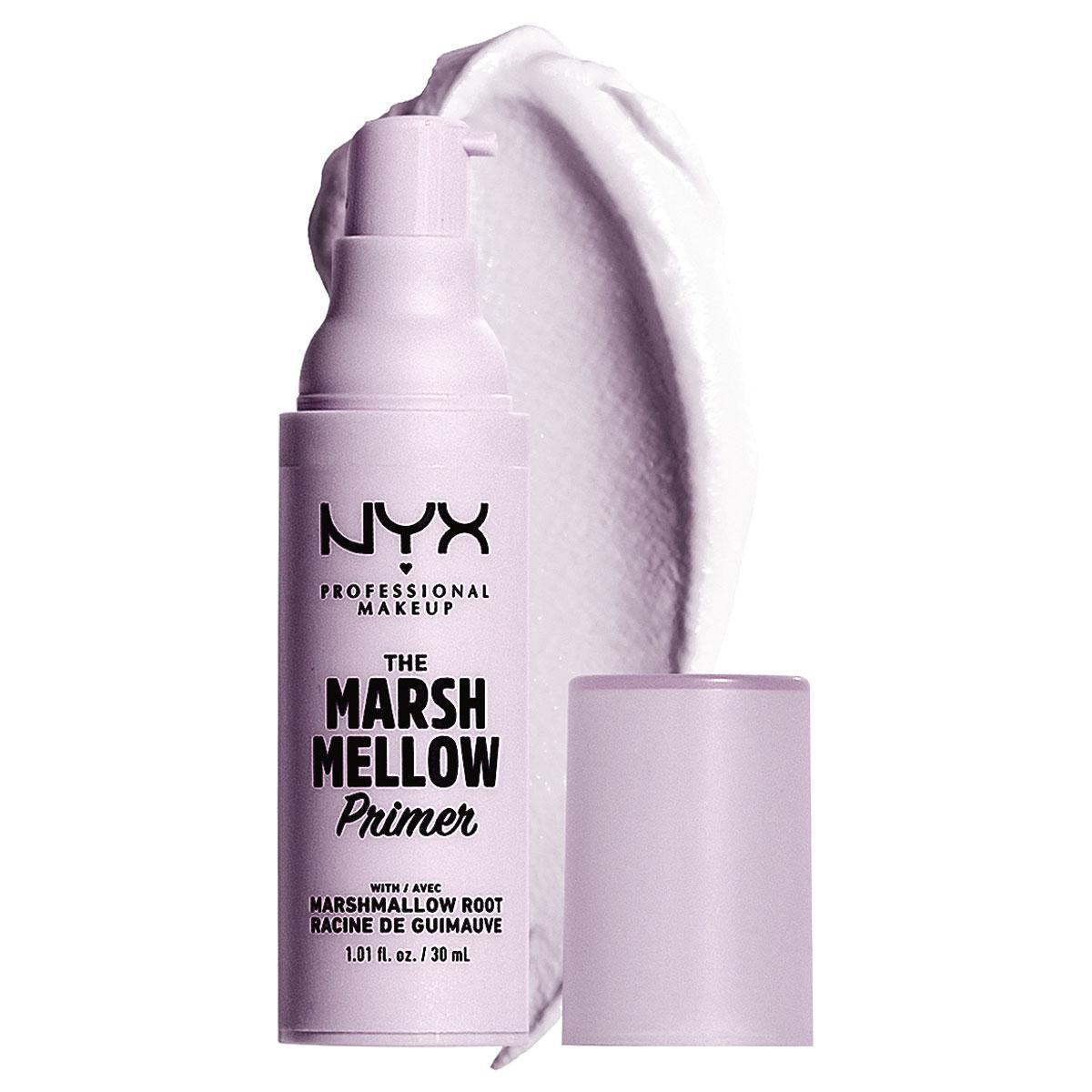 Cette base de make-up à la racine de guimauve hydratante s'applique après le sérum. The Marsh Mellow Primer, NYX (16,95 ? 30 ml), chez Di.