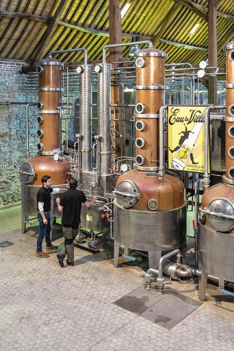 Les impressionnants alambics de cuivre de la Distillerie de Biercée.
