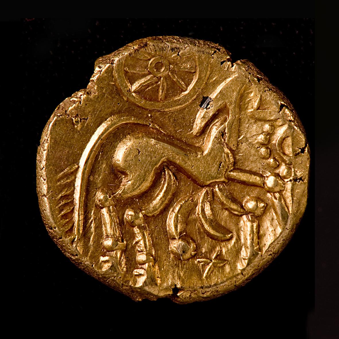 Exemple de pièce de monnaie en or appartenant aux Nerviens, l'un des plus puissants peuples belges du nord/nord-est de la Gaule.