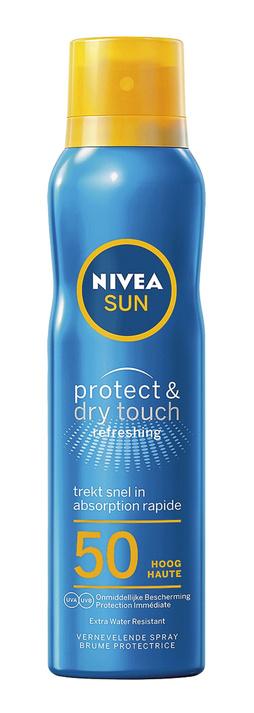 Dans la nouvelle gamme Protect & Dry Touch de Nivea, Brume protectrice rafraîchissante SPF30 et 50 (resp. 16,89 et 17,59 ?, 200 ml), en grande et moyenne surface.