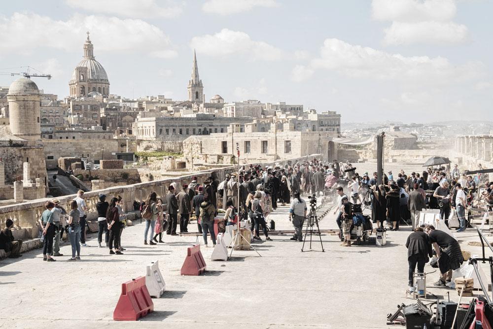 Een opname uit Murder on the Orient Express in Fort Elmo met Valletta op de achtergrond.