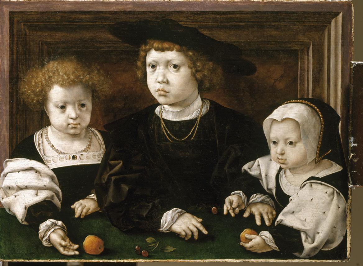 Johan, Dorothea en Christina na de dood van hun moeder Isabella. Jan Gossart, 1526, olieverf op paneel, Royal Collection Trust.