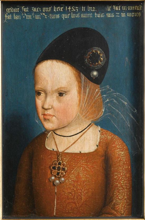 Pierre Coustain, Margareta van Oostenrijk op driejarige leeftijd, 1483, olieverf op paneel, Musée national des châteaux de Versailles et de Trianon