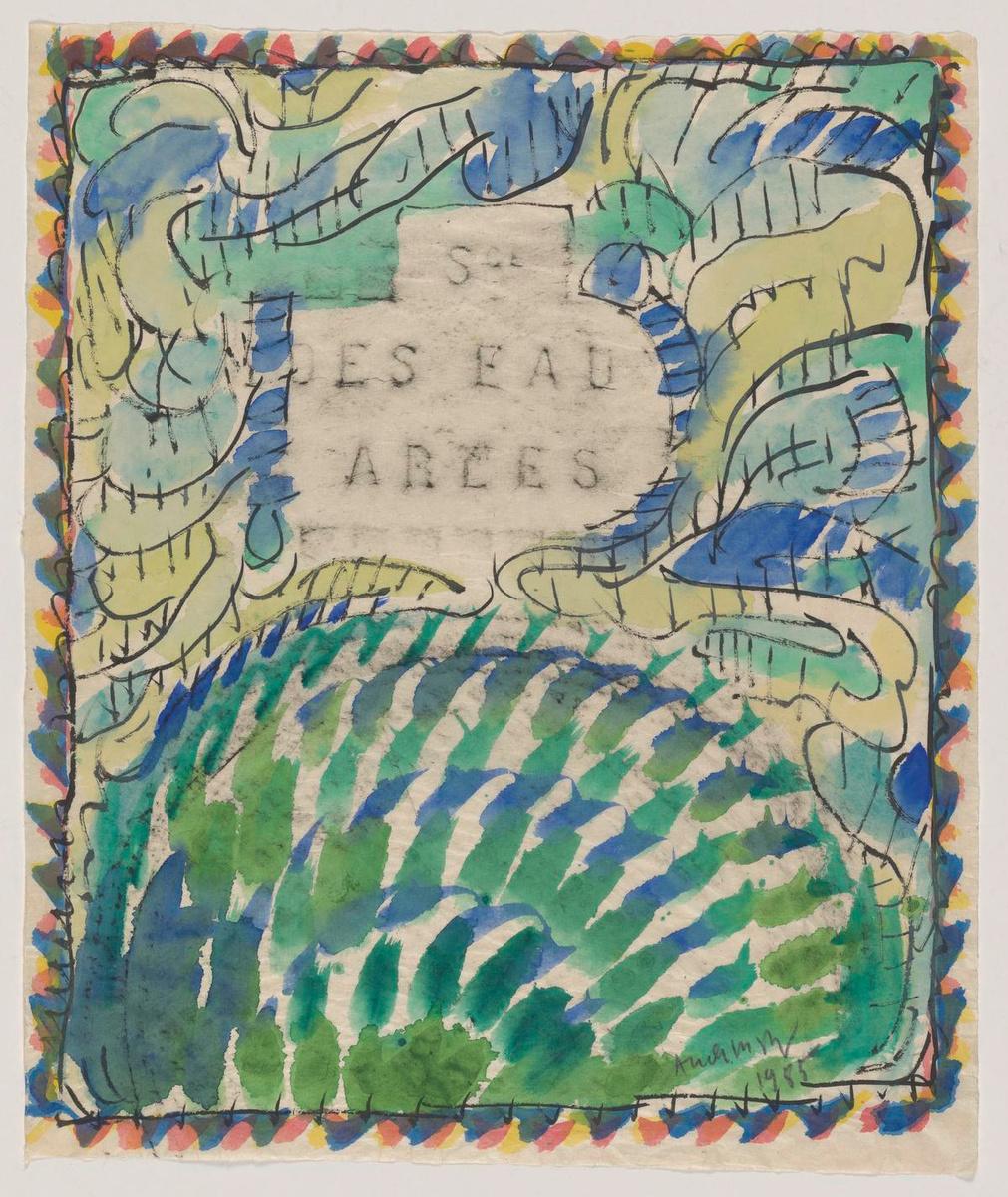 Service des eaux, Arles, Pierre ALECHINSKY (1985). Stempel, Oost-Indische inkt en aquarel op Chinees papier.