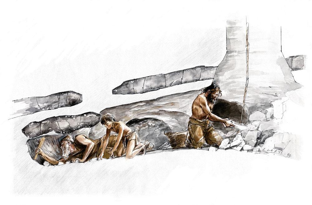 Les mineurs travaillaient à plat ventre et envoyaient le silex en surface, où il servait à la confection de haches de pierre polie.