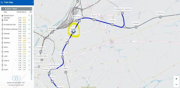 Sur la carte, on remarque que le train IC en direction de Dinant va bientôt arriver à Bordet. Il est parti de la gare de Brussels Airport - Zaventem à 10h17.