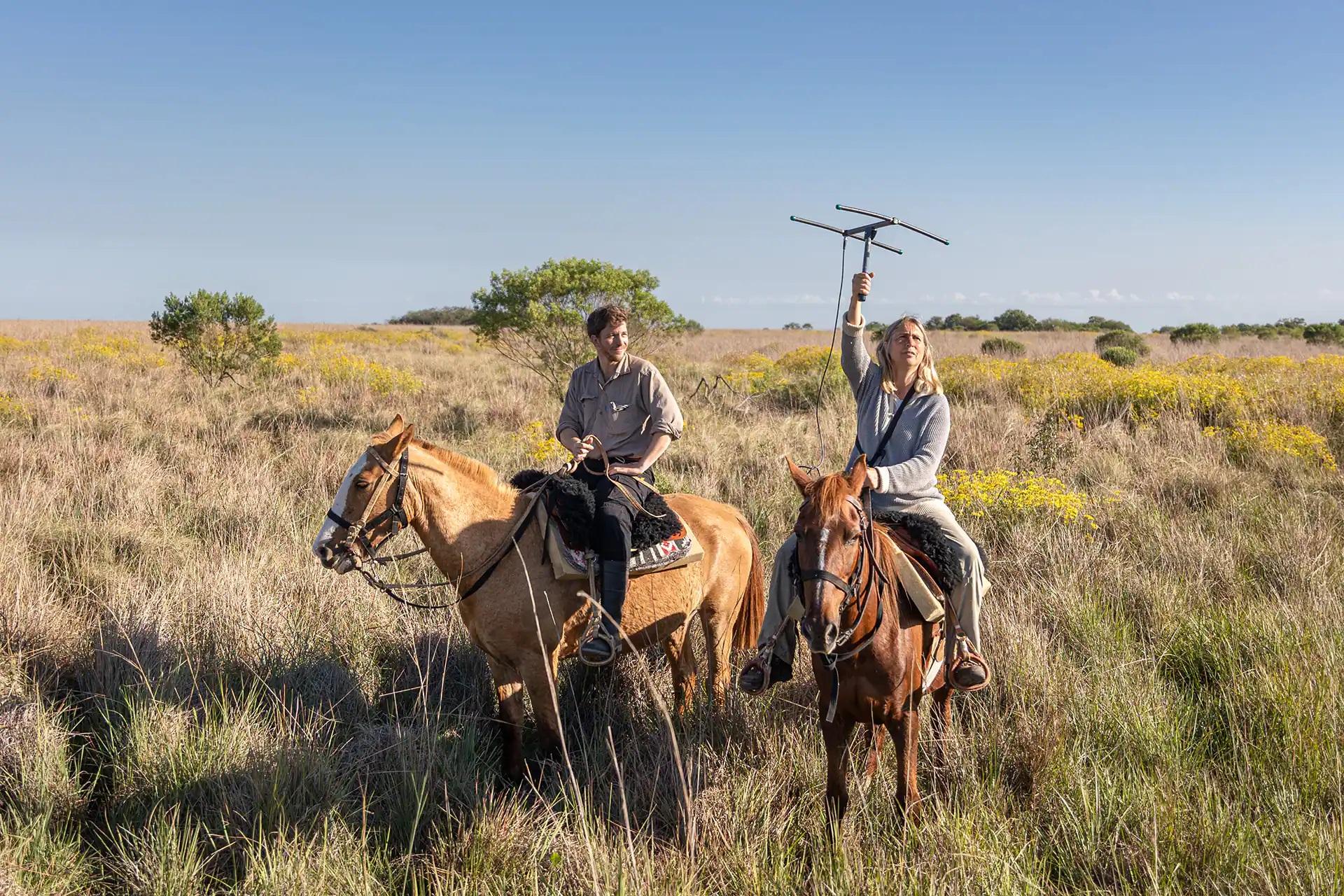 Pablo Guerra Aldazaba, Jaguar Reintroduction Center Manager, et Sofía Heinonen, Executive Director de Rewilding Argentina, suivent avec une antenne des jaguars remis en liberté.
© Rolex/Sofía López Mañan