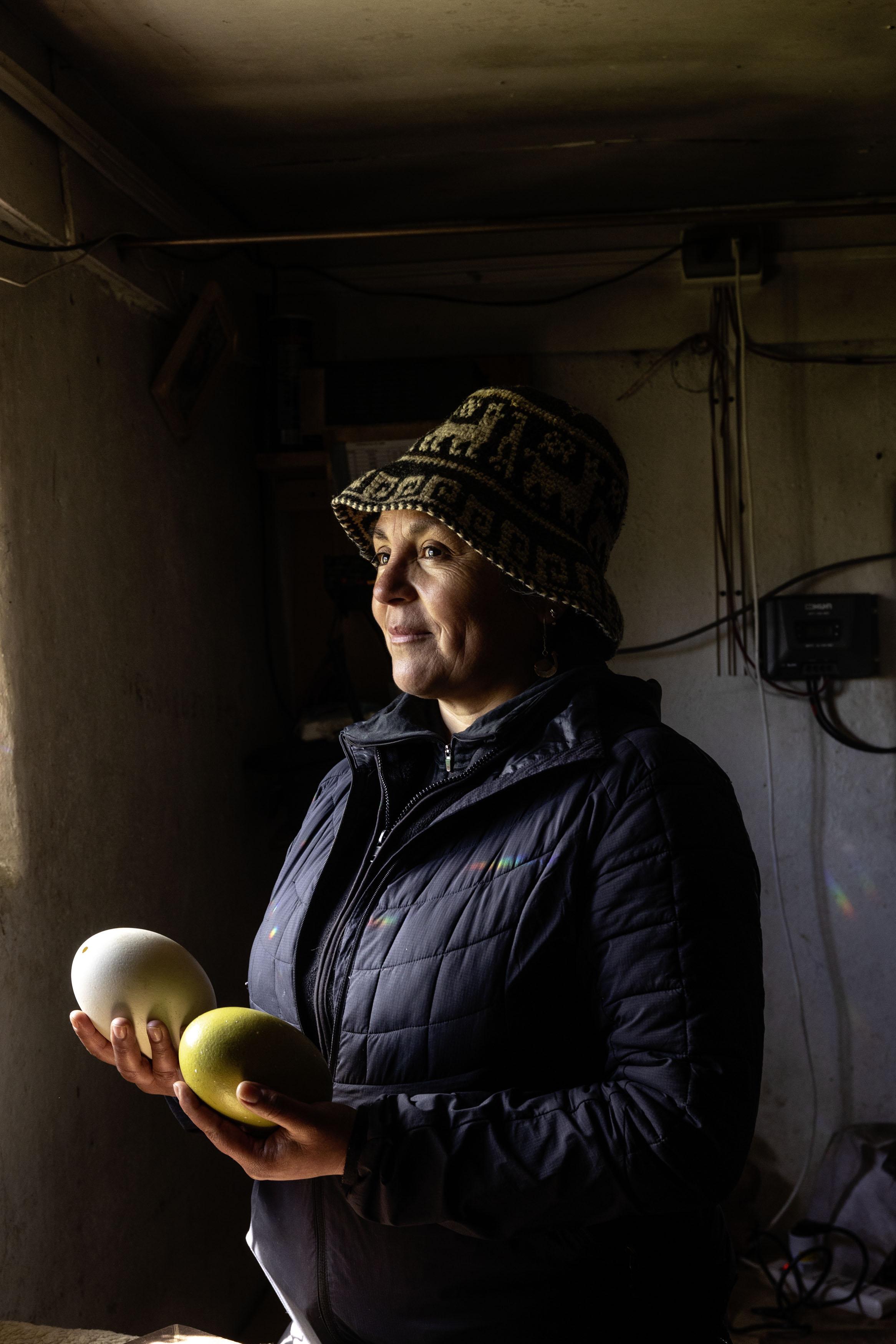 Alejandra Saavedra, verantwoordelijk voor het Ñandú Reproduction Center in het Nationaal Park van Patagonia in Chili, houdt een groen ei vast. Het wordt gebruikt om nandoes te stimuleren om eieren te leggen.
© Rolex/Sofía López Mañan