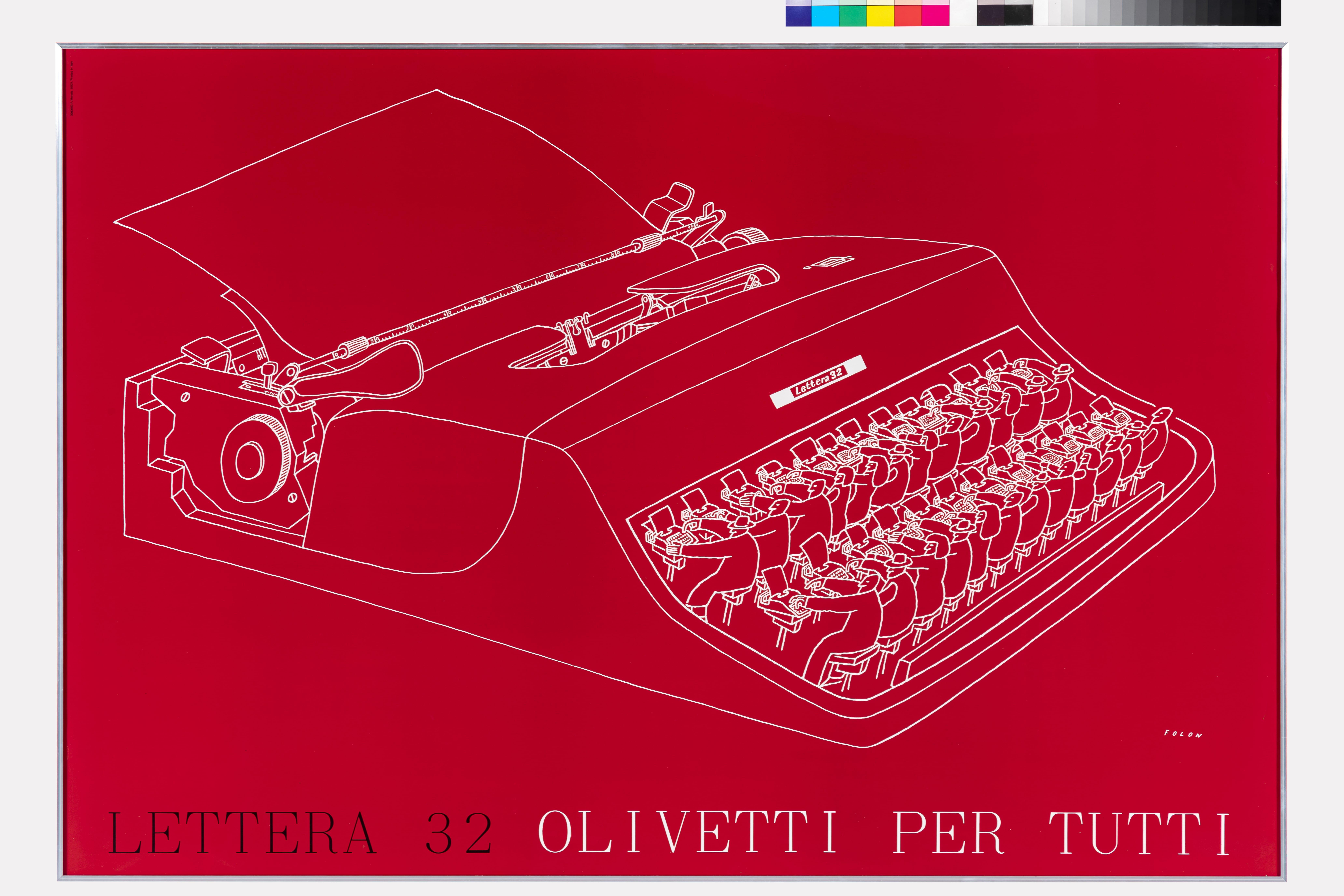 Illustratie op rood papier met witte inkt van een typemachine.