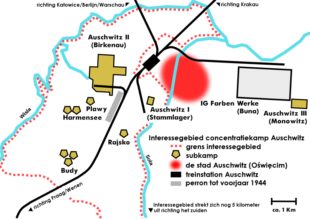 Kaart van Auschwitz en de kampen rond de stad.