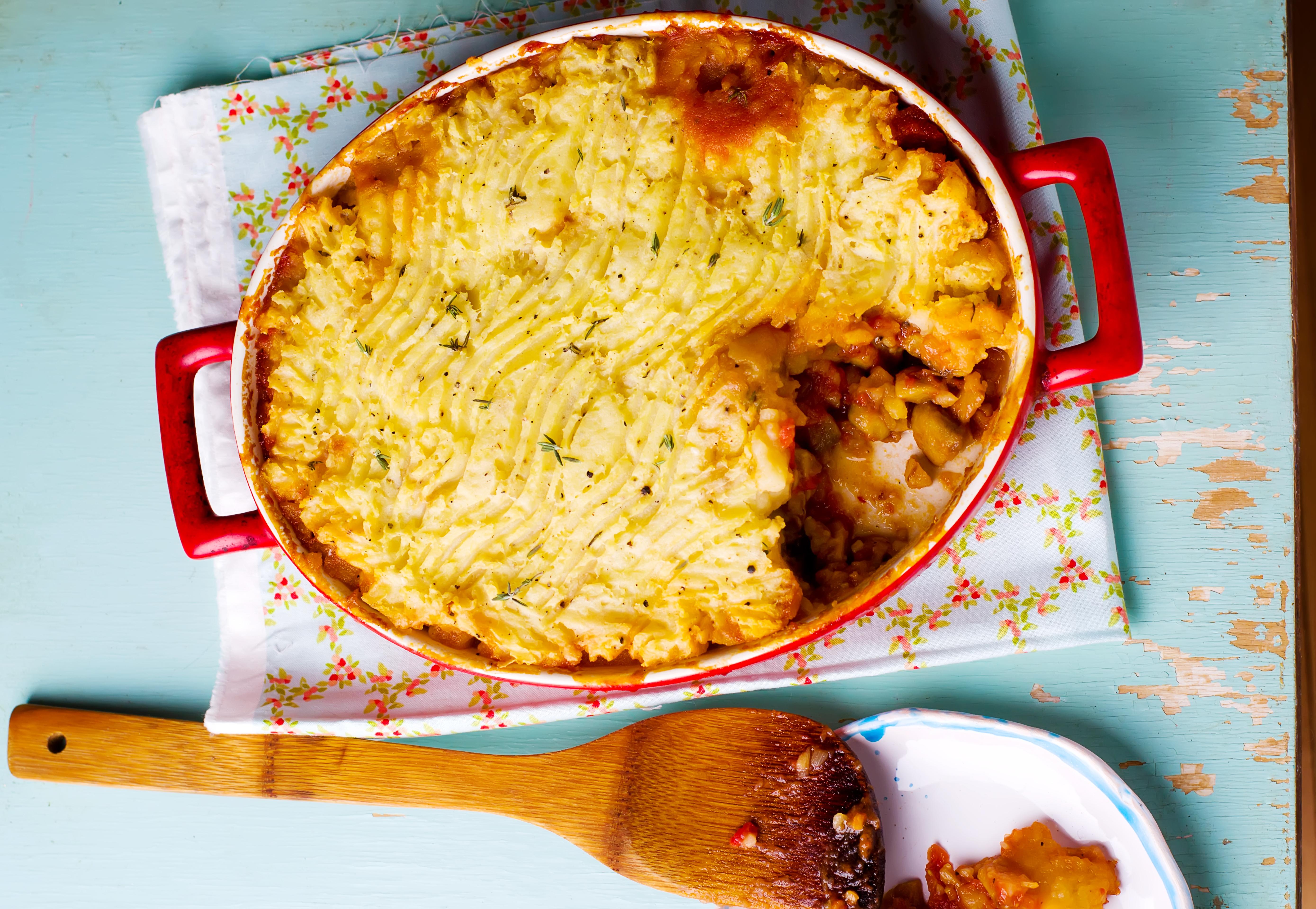 Parmentier with mushroom and potato . top view. selective focus