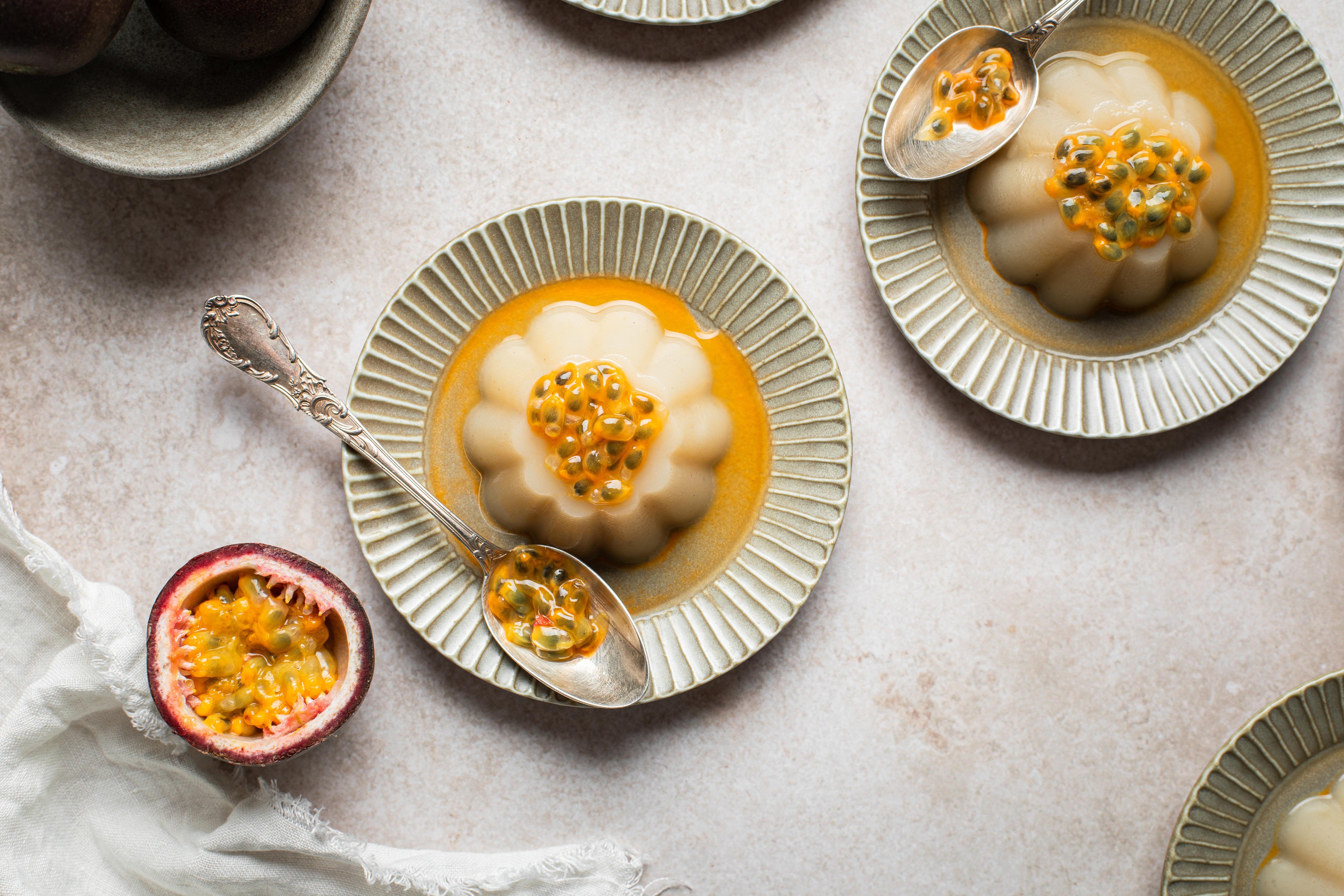 homemade panna cotta custard with passion fruit